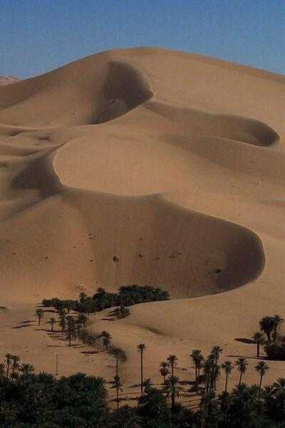 Dunes encroaching on an oasis.
