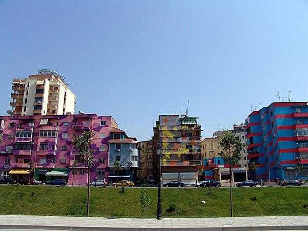 Under Communism, everything was grey and dreary. Today, Tirana&apos;s buildings are splashed with color; these are apartment buildings.