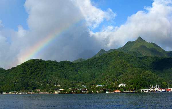 Located on one side of Pago Pago Harbor, Matafao Peak is one of five great masses of volcanic rock that were extruded as molten magma during the major episodes of volcanism that created Tutuila island. Matafao Peak is the highest mountain on the island. Photo courtesy of the US National Park Service.