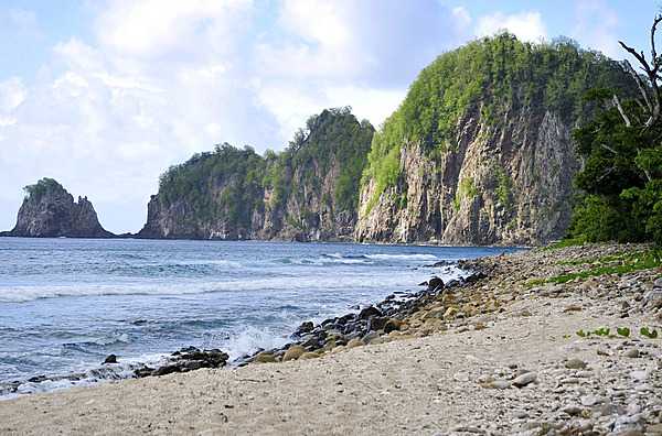 The Tuafanua Trail takes a hiker along switchbacks from Vatia village through lush tropical rainforest to a hidden coastline. At the ridge-top, one may enjoy ocean views before a steep descent on several ladders with ropes to a quiet, rocky beach and a view of Pola island. Photo courtesy of the US National Park Service.