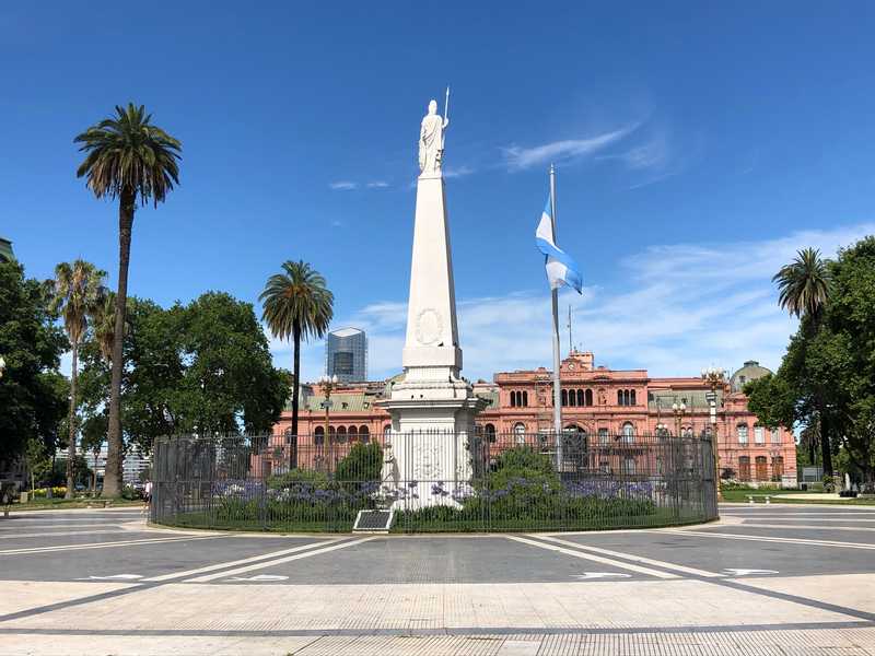 Plaza de Mayo, in the heart of downtown Buenos Aires, is named after the Argentine revolution, which began on May 25, 1810.  It serves as a gathering place for public events and provides a view of the Casa Rosada (Pink House), the presidential office.