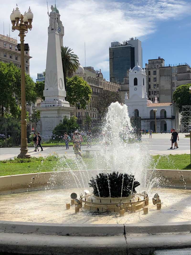 Fountains surround the Plaza de Mayo, the oldest public square in Buenos aires.  The plaza serves as a gathering spot for public events and provides views of historic buildings.