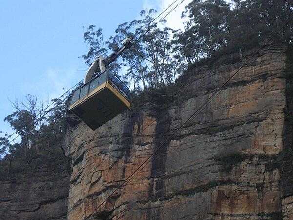 View of a Blue Mountains cable car as seen from the bottom of the funicular railway.