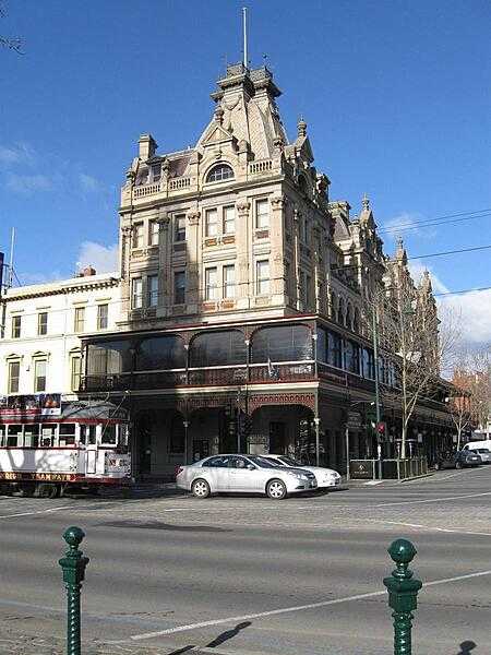 Another view of the Bendigo Shamrock Hotel and its unique two-story veranda.