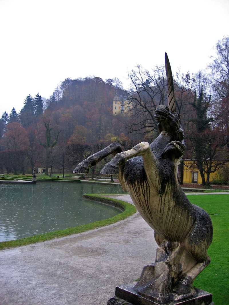 Hellbrunn Palace, located outside of Salzburg, is a popular tourist destination known for its lovely gardens and the trick fountains installed by its founder. The gardens are filled with statues, including this unicorn.