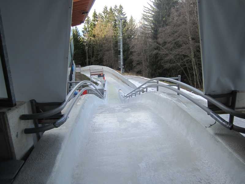 The starting line for the women's Olympic bobsled track in Innsbruck. Ride-alongs are available for tourists looking to recreate Olympic glory.