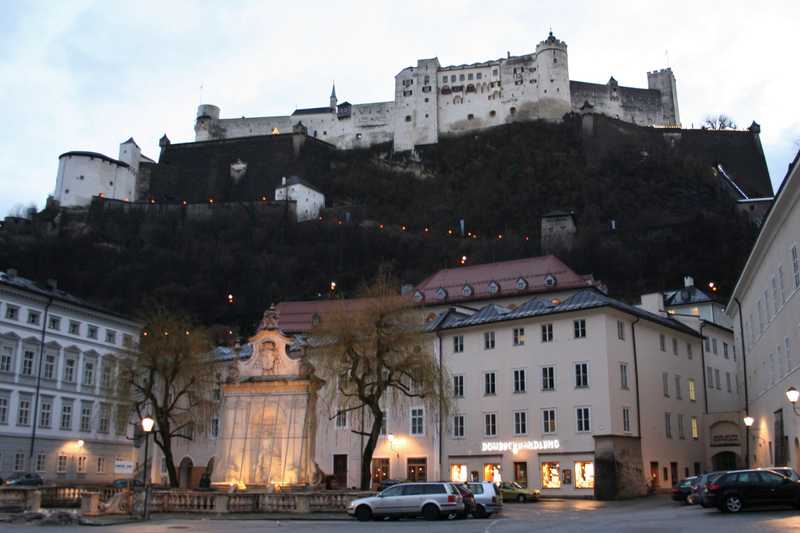 The fortress of Hohensalzburg overlooks the old Salzburg city center.