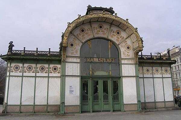 Close up of the former city rail entrance at the Karlsplatz subway station in Vienna. The pavillion is a well-known example of Jugendstil (Art Nouveau) architecture.