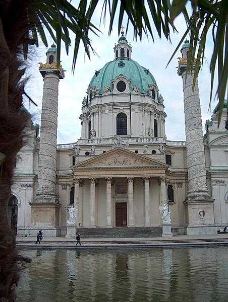 The Karlskirche (St. Charles Borromeo Church) in Vienna, is flanked by two massive spiral columns, modeled after Trajan&apos;s Column in Rome.