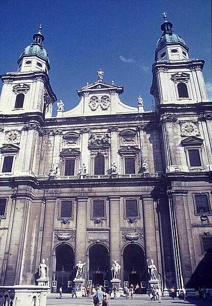 The 17th century baroque cathedral in Salzburg, dedicated to St. Rupert. The missionary saint promoted the salt mines around the ruined old Roman settlement of Juvavum, made the site his base for spreading the gospel, and renamed the place Salzburg (literally &quot;salt castle&quot; in German).