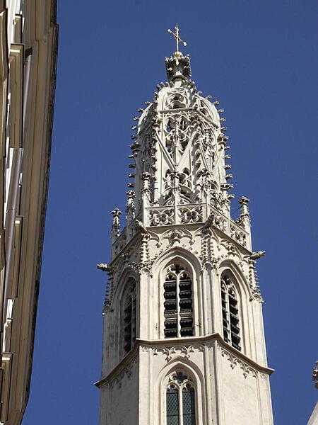The striking open work tower of the Maria am Gestade church in Vienna rises to 56 m (180 ft); it was built between 1419 and 1428, shortly after the church was completed.