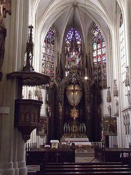 The sanctuary of the Maria am Gestade church in Vienna. Some of the stained glass in the windows dates back to medieval times.