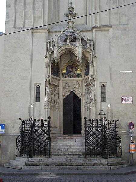 Entrance to the church Maria am Gestade (St. Mary on the Strand) in Vienna. First mentioned in documents from 1158, the present structure (built between 1394 and 1414) is one of the oldest buildings and one of the few surviving examples of Gothic architecture in the city.