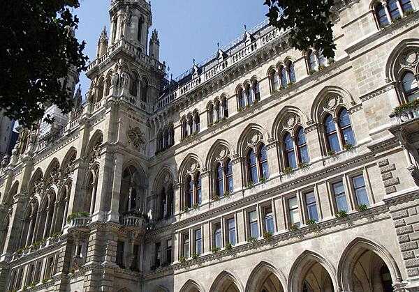 A view of the facade of the Rathaus (City Hall) in Vienna; it serves as the seat of both the mayor and city council. The neo-Gothic structure took 11 years to complete (1872-1883).