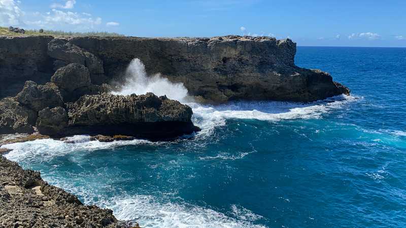 Barbados geology is founded upon coral deposits and uplifts. Along the north shore, coral cliffs rise 15 m (50 ft) above the water below. Waves crashing into the cliffs spray high into the air as they push ashore.