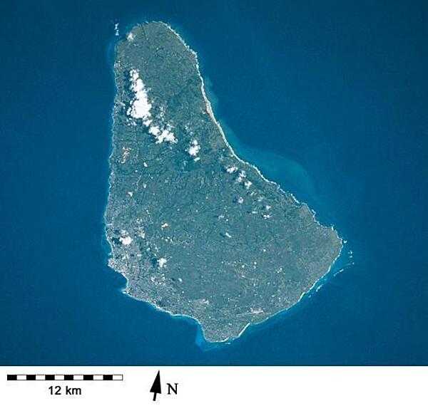 Barbados as seen from space. Fringing reefs around the island have declined over many decades although there are still submerged reefs off the west and southern coasts.  Image courtesy of NASA.