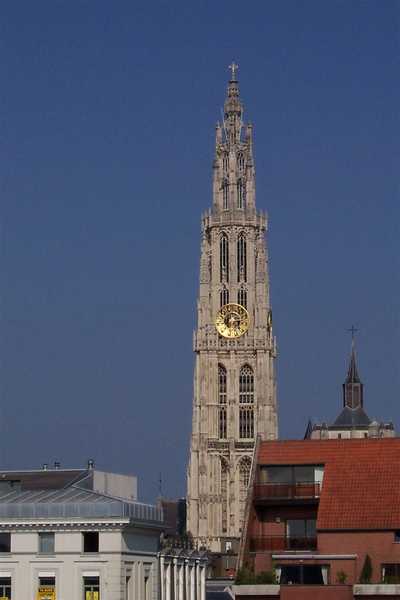 A close-up of the distinctive Gothic steeple of the Onze-Lieve-Vrouwekathedraal (the Cathedral of Our Lady) in Antwerp. Photo courtesy of NOAA / Michael Theberge.