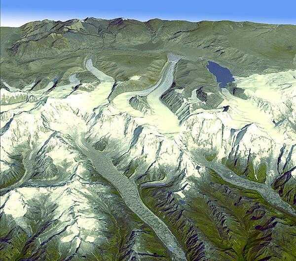 This northwest-looking 3-D view was created by draping the previous natural color image over digital topography data obtained from an ASTER satellite. Image courtesy of NASA.