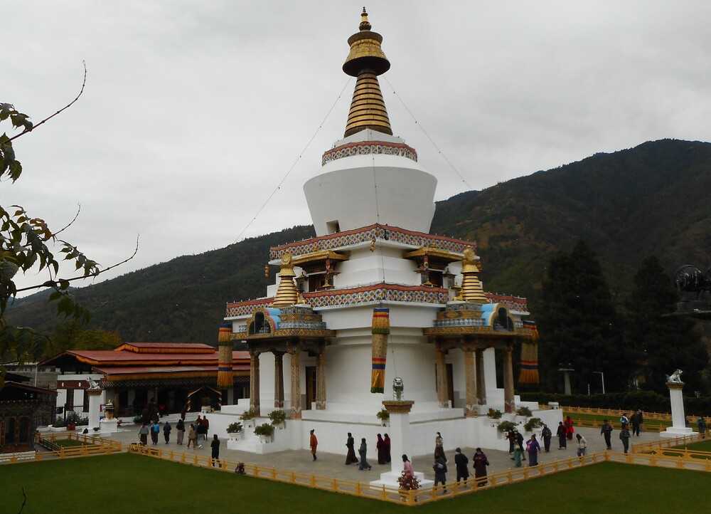 The National Memorial Chorten in Thimphu, Bhutan’s capital city, was built in 1974 in memory of Jigme Dorji Wangchuk, the popular third king of Bhutan, and is dedicated to world peace. A chorten or stupa is a mound-like structure containing relics of Buddhist monks or nuns and is used as a place of meditation. However, the National Memorial Chorten does not enshrine human remains, only a photo of the third king in ceremonial dress because he wanted to build "a chorten to represent the mind of the Buddha."