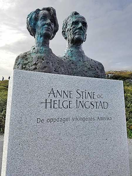 Statue of Anne Stine and Helge Ingstad, the co-discoverers of the archeological site at L’Anse Aux Meadows, Newfoundland that is widely thought to be the first Norse (Viking) holding in North America. The monument was dedicated by the king of Norway  in 2002.