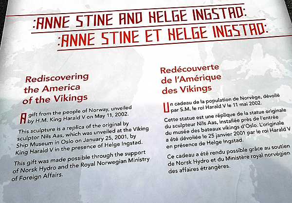 Sign describing the statue of Anne Stine and Helge Ingstad, the co-discoverers of L’Anse Aux Meadows archeological site, thought to be the first Norse (Viking) holding in North America.
