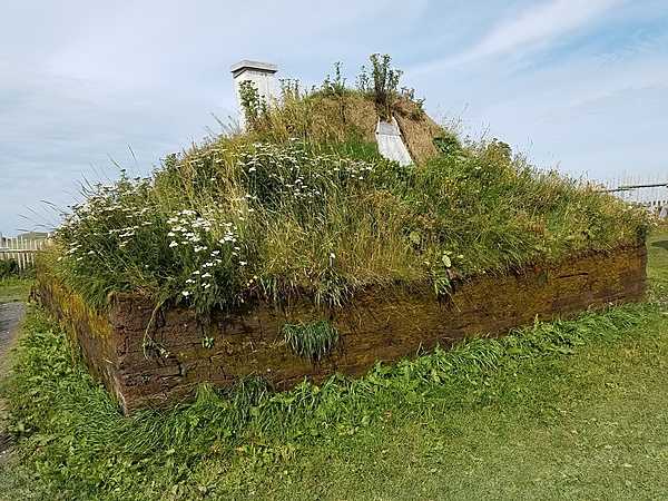 Another view of a replica Norse (Viking) sod longhouse, north of the archaeological site at L’Anse Aux Meadows.