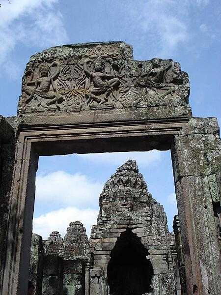 Entranceway at the Bayon, a richly decorated temple at Angkor Thom built in the late 12th and early 13th centuries by King Jayavarman VII.
