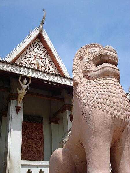A lion-fronted temple at Wat Phnom.