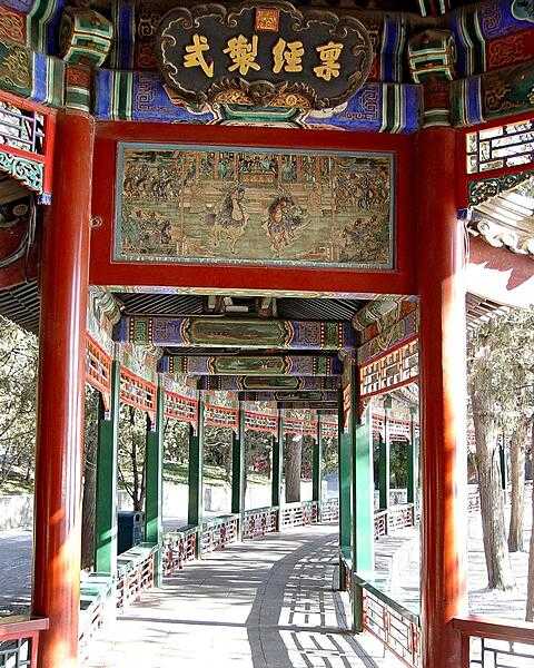 Section of the Long Corridor, a covered walkway of the Summer Palace in Beijing. Erected in the middle of the 18th century, the corridor is famous for its great length (728 m) as well as its elaborate decoration (more than 14,000 paintings).