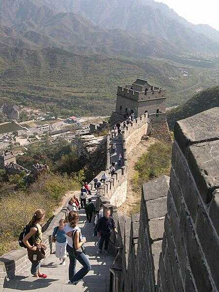 A walkway on top of the Great Wall leading to a fortification at Juyongguan Pass.