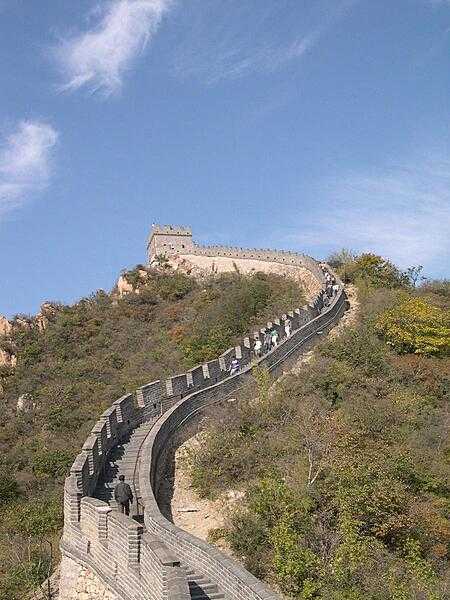 A crenellated walkway on top of the Great Wall. The Wall stretched for many thousands of miles linking fortresses. Signal towers were used for communication.