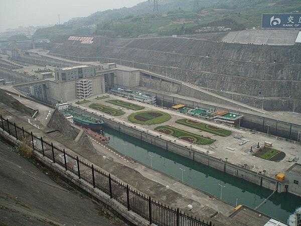 The five-stage locks at the Three Gorges Dam at Sandouping. The locks were constructed to increase river shipping by up to 10 times and to cut transportation costs by one third.