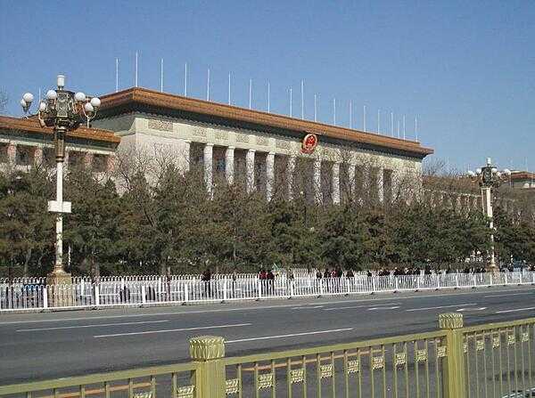 Approaching the Great Hall of the People in Tiananmen Square in Beijing. The building was constructed in 1959; it is the home of the National People&apos;s Congress.