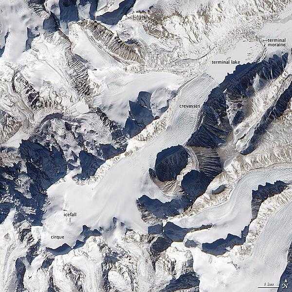 Besides the world&apos;s tallest peaks, the Himalayan Mountain Range holds thousands of glaciers. In southern China, just north of the border with Nepal, one unnamed Himalayan glacier flows from southwest to northeast, creeping down a valley terminating in a glacial lake. Shown in this natural-color satellite image, mountains on either side of the glacier cast long shadows to the northwest. From a bowl-shaped cirque, the glacier flows downhill. Where the ice passes over especially steep terrain, ripple marks on the glacier surface indicate the icefall. Northeast of the icefall, the glacier&apos;s surface is mostly smooth for several kilometers until a network of crevasses mark the surface. At the end of the glacier&apos;s deeply crevassed snout sits a glacial lake, coated with ice in this wintertime picture. Just as nearby mountains cast shadows, the crevassed glacier casts small shadows onto the lake&apos;s icy surface. This glacial lake is bound by the glacier snout on one end, and a moraine - a mound formed by the accumulation of sediments and rocks moved by the glacier - on the other. Image courtesy of NASA.
