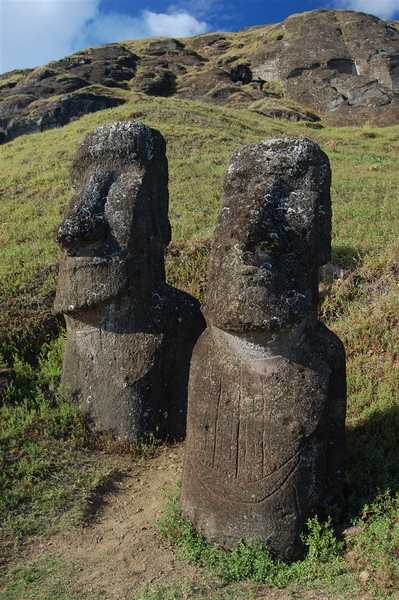 Two moai “best friends” together forever at the Rano Raraku quarry on Easter Island (Rapa Nui). Note the ritualized scarring or “tattooing” on the right statue. Image courtesy NOAA / Elizabeth Crapo.