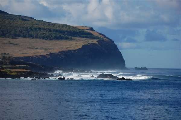 An impressive view of a volcanic headland on Easter Island (Rapa Nui) displays the eternal battle between surf and shore. The seemingly softer water will eventually win. Image courtesy NOAA / Elizabeth Crapo.