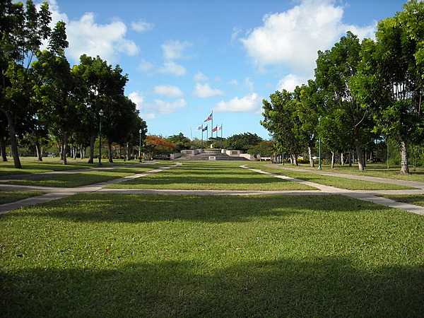 Coh trees line a grassy avenue leading to the Memorial Court of Honor and Flag Circle at American Memorial Park in Garapan. Photo courtesy of the US National Park Service.