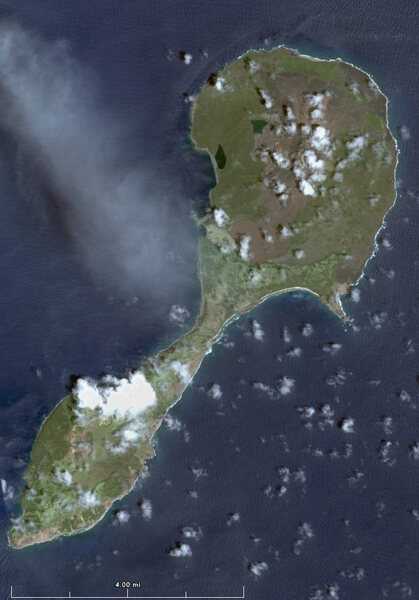Satellite view of volcanic Pagan Island in the Marianas archipelago, which has been largely uninhabited ever since most of the residents were evacuated due to volcanic eruptions that began in 1981 and have continued intermittently since. Photo courtesy of NASA.
