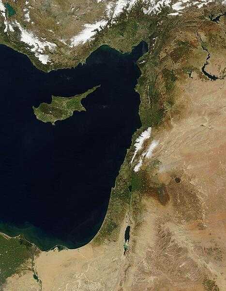The Levant, the eastern coast of the Mediterranean Sea, is vividly displayed on this satellite image. Cyprus&apos; distinctive shape points to the Gulf of Iskenderun in southern Turkey. Other Levant countries in a clockwise direction are Syria, Lebanon, Israel, and Egypt. Snow appears clearly in the mountains of Turkey (top) and Lebanon (center) and in thin strips in between in the highlands of Syria. Photo courtesy of NASA.