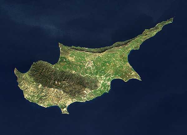 Satellite view of Cyprus on a cloudless day. Image courtesy of NASA.