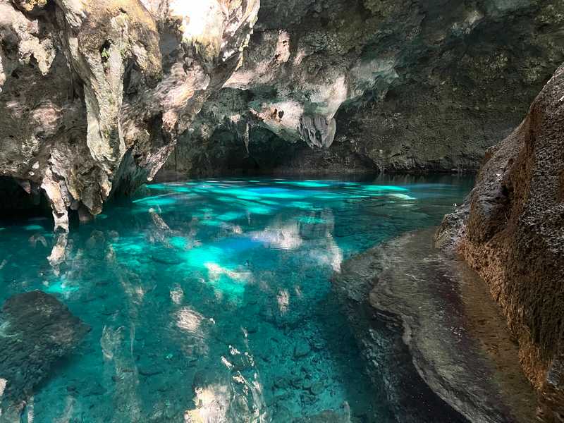 Parque Nacional los Tres Ojos (National Park of the Three Eyes) is part of Mirador del Este park in Santo Domingo, Dominican Republic.  The three "eyes," or  ojos, are the largest lakes in  the cave system.  Each "eye" has its own mineral composition.
