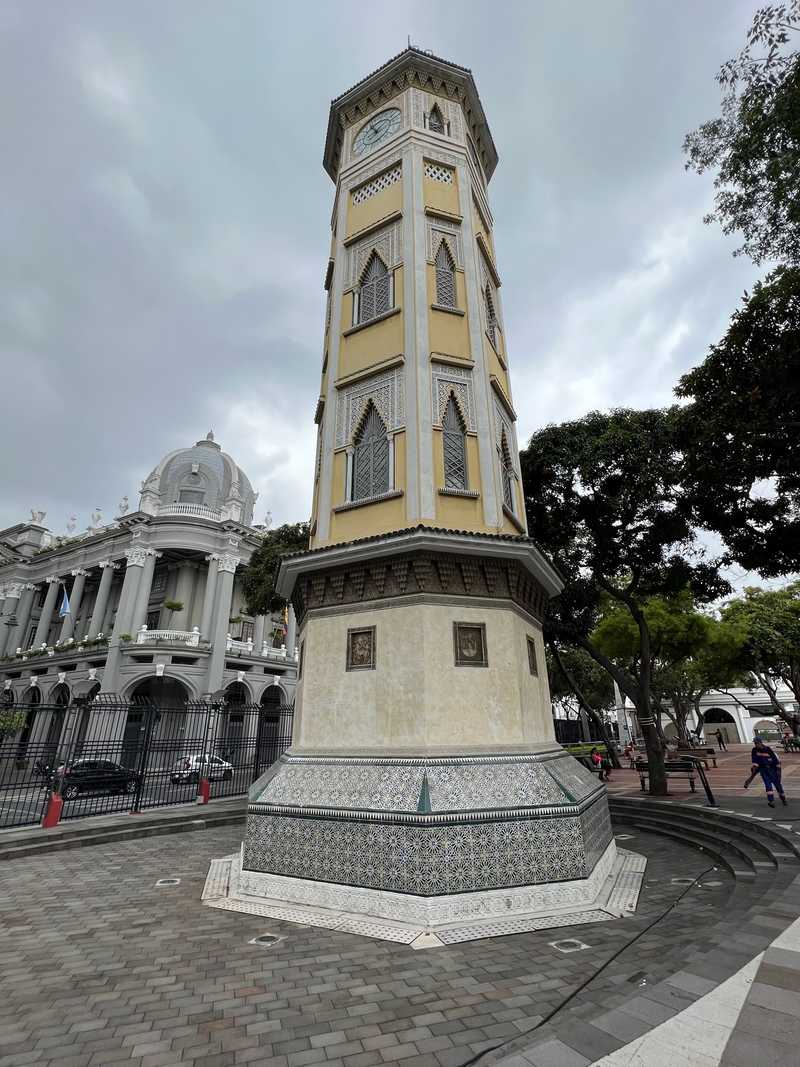 At the end of Calle Diez de Agosto is the Torre Morisca, an octagon clock tower built in the 1930s. This tower is a picturesque waypoint along the Malecon 2000 riverwalk in Guayaquil, Ecuador.