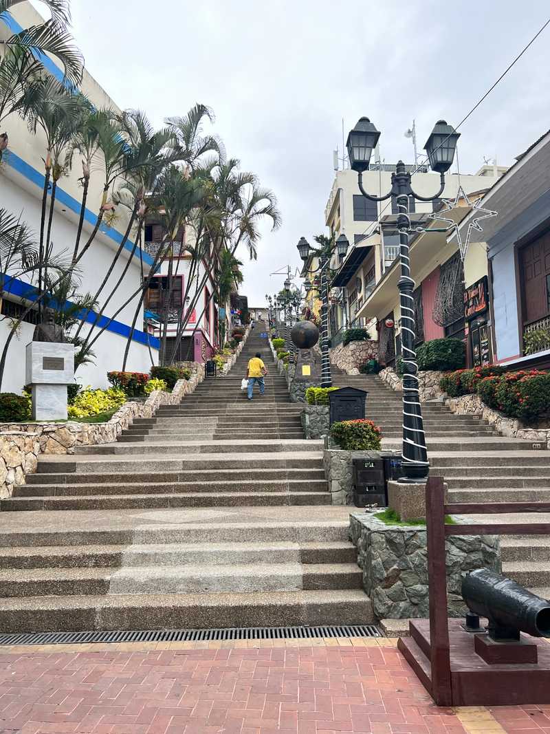At the north end of the Guayaquil, Ecuador, river walk is the neighborhood of Las Penas. Visitors can climb the 444 steps to the summit to visit the Iglesia del Cerro Santa Ana and a lighthouse. Along the way, there are countless places to eat and enjoy the views of the city center.