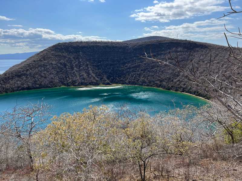 Tagus Cove is located in the collapsed caldera of a Galapagos volcano. Inside the caldera is an inner caldera with an azure blue lake formed by the concentration of minerals in the water.