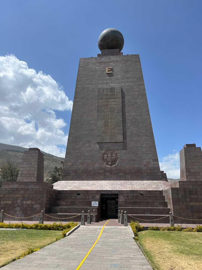Although the actual equator is 100 yards to the north, this monument outside of Quito, Ecuador, commemorates the equatorial line as surveyed by the French Geodesic Mission in the late 1700s.  The location is known as Mitad del Mundo (Middle of the World).