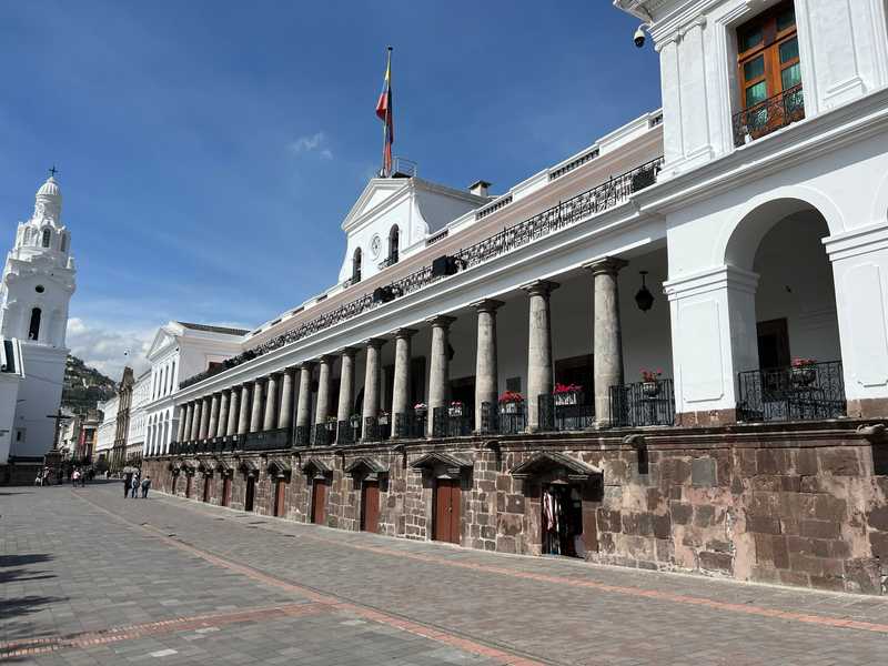 The Palacio de Carondelet (Carondelet Palace) on Plaza Grande in the heart of the historic center of Quito serves as the residence of Ecuador's president. The plaza is surrounded by government buildings and historic churches.