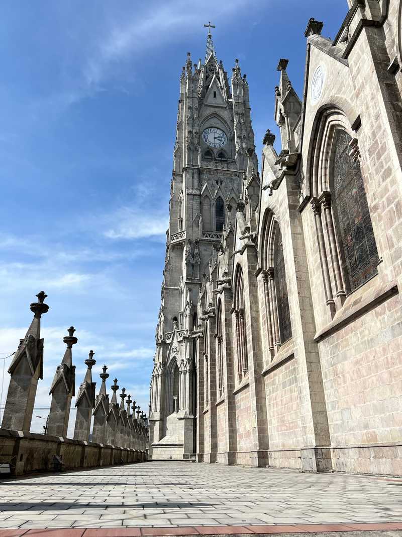 The Basilica of the National Vow in Quito, Ecuador, is the largest Neo-Gothic church in the Americas. Begun in the late 1800s, it remains technically unfinished. The stained-glass windows lining the central nave provide colorful light to the sanctuary.  Outside, the gargoyles on the facade all represent animals endemic to Ecuador.