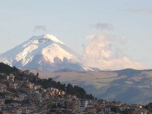 Located 28 km (17 mi) from Quito is snow-capped Cotopaxi, a volcano that last erupted in the 1940s.  It is the second highest peak in the country, reaching a height of 5,897 m (19, 347 ft).