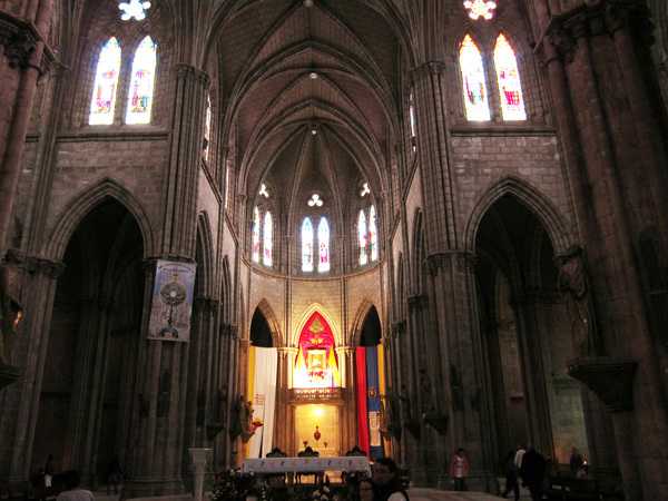 Inside the Basilica of the National Vow (Basilica del Voto Nacional) in Quito.