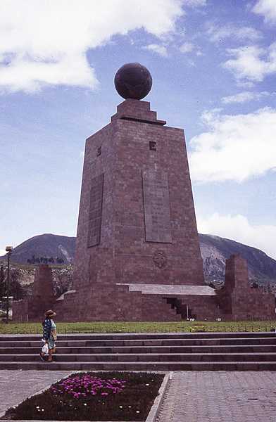 The Monument to the Equator, located at San Antonio parish in the canton of Quito, 26 km (16 mi) north of the center of Quito, highlights the exact location of the Equator (from which the country takes its name). The 30-m (98-ft) tall monument was constructed between 1979 and 1982 of iron and concrete, and then faced with cut and polished andesite stone.